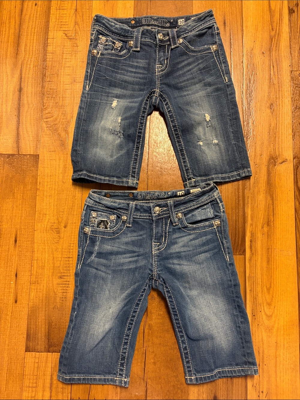 Miss Me Girls TWO  Pairs Long Denim Shorts  with Embellished Pockets Size 10